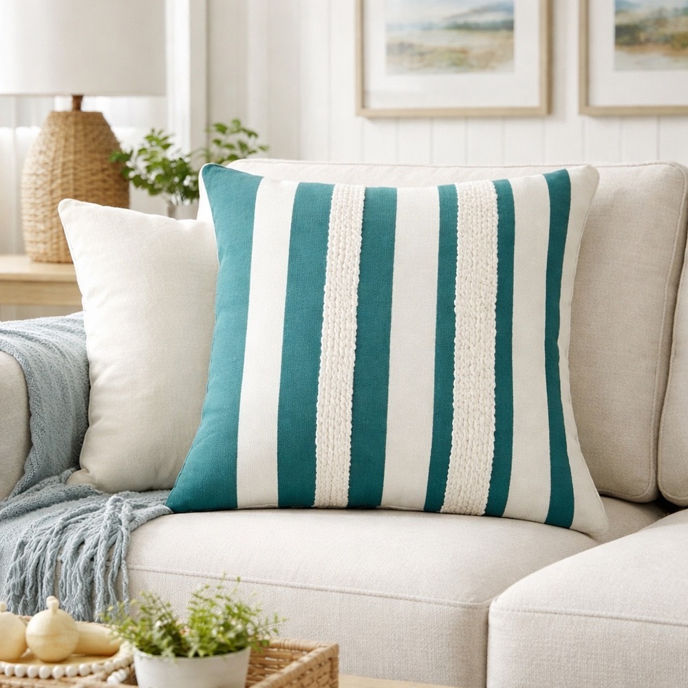 Rizzy Home Oversized Teal Striped Throw Pillow Cover Cotton Coastal Accent 20x20